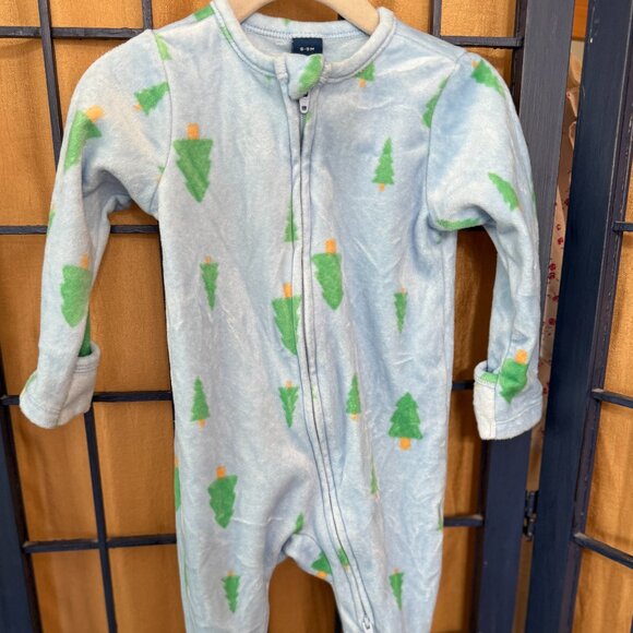 Old Navy Fleece Christmas Tree Sleeper 6 9 Months Blue Zip Up - Picture 2 of 5